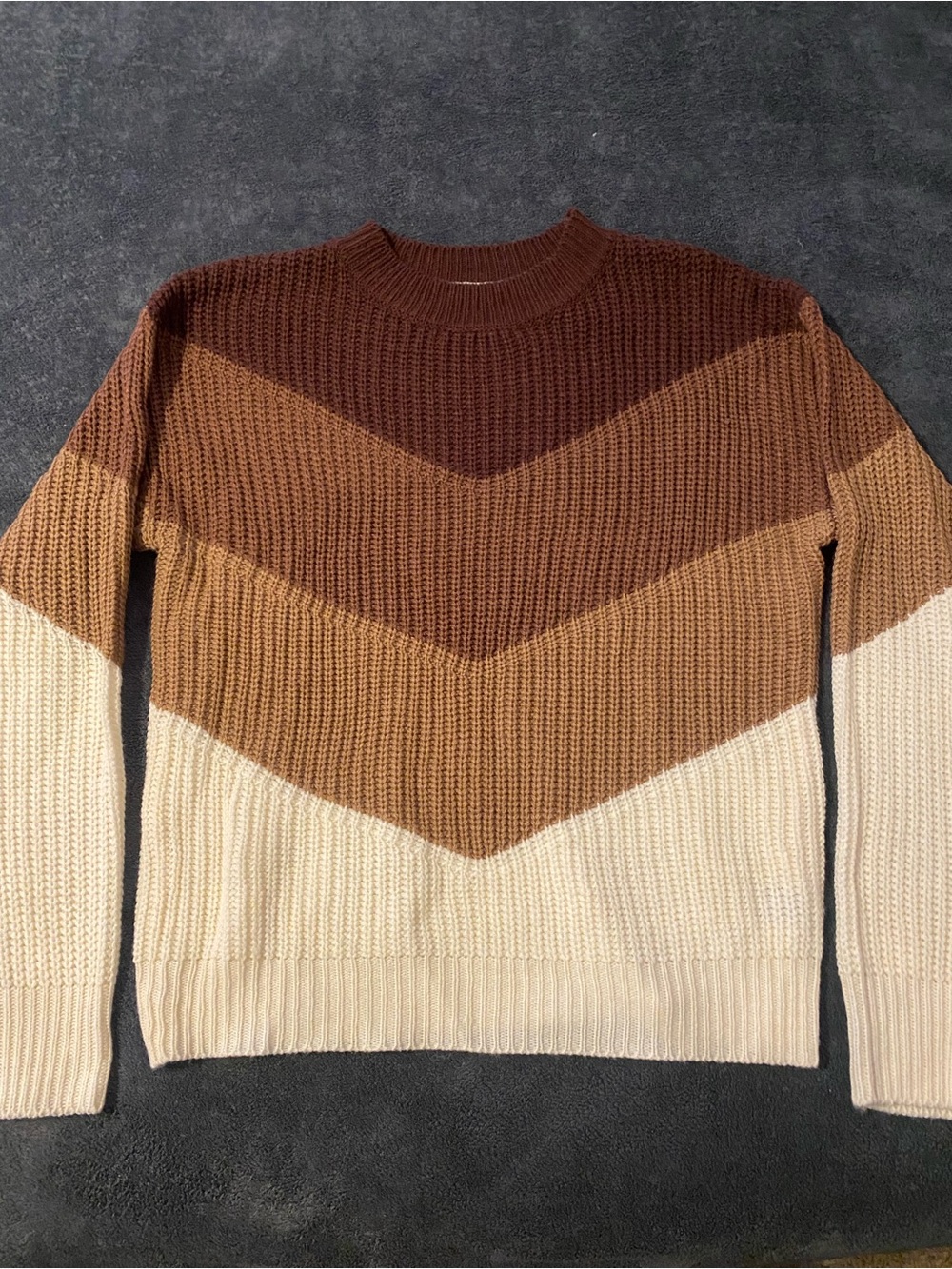 SHEIN Women’s Chevron Colorblock Crewneck Sweater - Brown/Cream